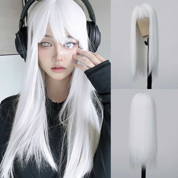 Perruques synthétiques Perruques soyeuses longues et droites pour femmes Perruques de cosplay colorées blanches avec frange Doux Quotidien Fête Cheveux synthétiques naturels Résistant à la chaleur 240328 240327