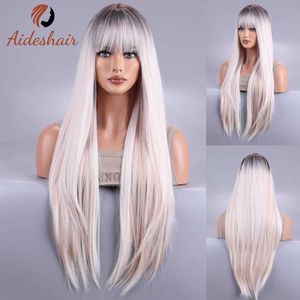 Perruques synthétiques Perruques synthétiques longues et droites avec frange blond platine clair cheveux naturels faux pour les femmes Cosplay quotidien résistant à la chaleur 240328 240327