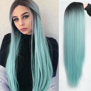 Pelucas sintéticas Peluca larga y recta Azul claro Ombre para mujeres Mezcla de cabello natural negro y rubio Parte media