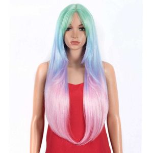 Synthetische pruiken Lange rechte pruik met pony Synthetische pruiken voor zwarte vrouwen 32 inch Hittebestendige Ombre Rainbow Cosplay-haar 230227