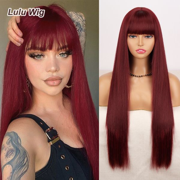 Pelucas sintéticas Peluca larga y recta de color rojo vino con flequillo para mujer Cabello natural resistente al calor Fiesta de cosplay de Halloween diaria 230630