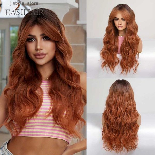 Perruques synthétiques longues cuivre ondulé auburn Bro brun rouge perruques synthétiques avec une frange quotidien Cosplay Party Natural Curly Hair Wigs for Women Res résistant à la chaleur Y240401