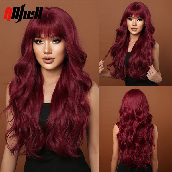 Pelucas sintéticas Ondulado largo Vino rojo Onda natural Afro con flequillo para mujeres negras Cosplay Peluca de fibra resistente al calor 230417