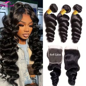 Perruques synthétiques Loose Wave Bundles avec frontal brésilien Remy cheveux humains Bundle Transparent Lace Closure naturel noir 230920