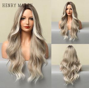 Perruques synthétiques margu long wavy platine blonde gris ombre for women middle partie naturel cosplay fête résistante thermique6356174