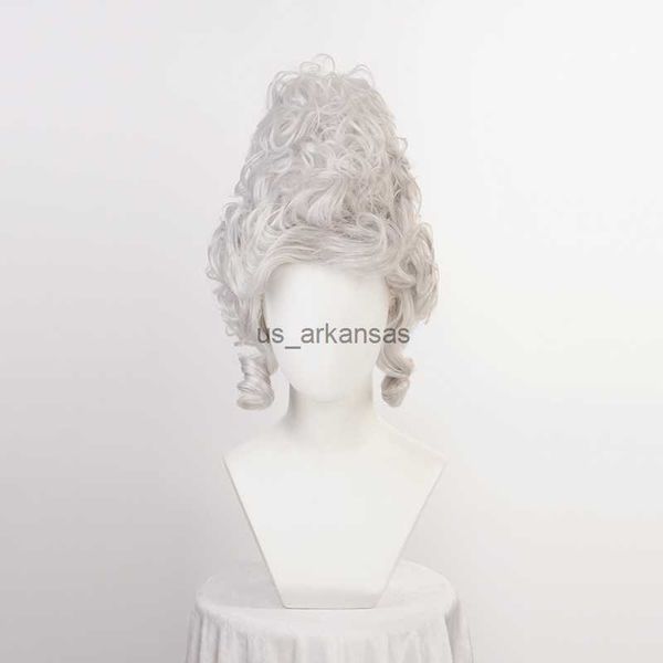 Perruques Synthétiques Marie Antoinette Perruque Princesse Gris Argent Perruques Cheveux Synthétiques Moyen Bouclés Résistant À La Chaleur Cosplay Perruque + Bonnet De Perruque HKD230818