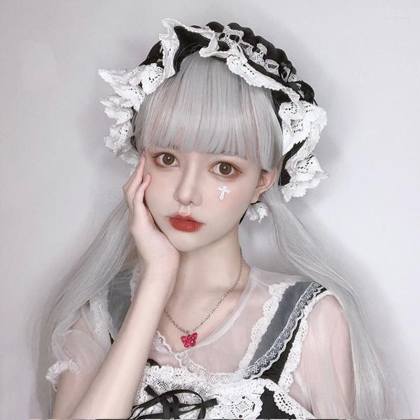 Perruques synthétiques MEIFAN Lolita Cosplay fête d'halloween haute température longue ligne droite Anime perruque Harajuku argent gris mignon vigueur Kend22