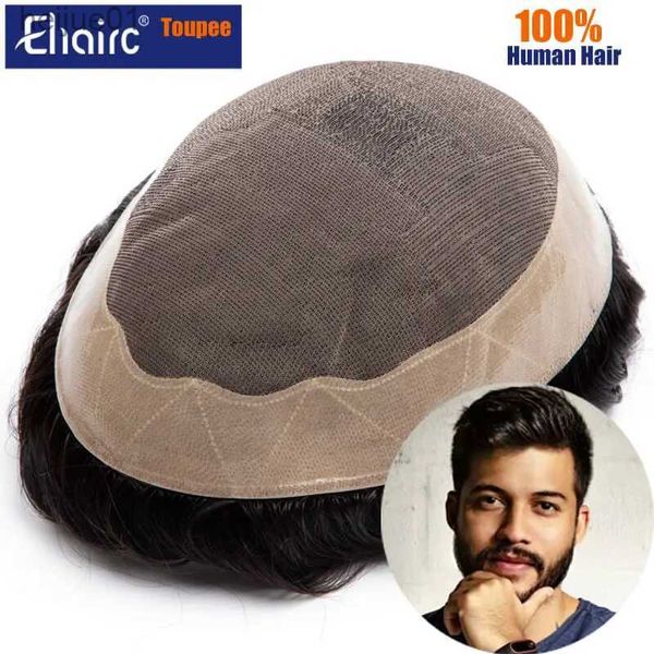 Pelucas sintéticas Prótesis capilar para hombres Mono Cabello humano natural Toupee Hombres 7 