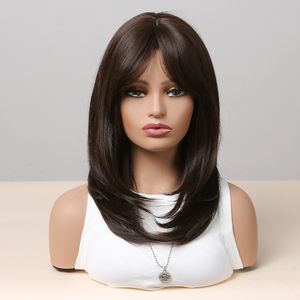 Synthetische pruiken Middle Long Natural Wavy Wig Donkerbruin gelaagd haar met zijpony voor vrouwen Dagelijkse feestwarmtewarmteweerstandsresistente FibreFactory Direct