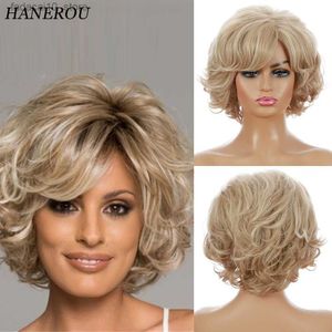 Perruques synthétiques Perruque blonde mixte courte perruques synthétiques bouclées moelleuses pour femmes blanches fête quotidienne faux cheveux perruques avec frange aspect naturel Q240115
