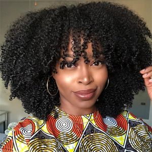 Perruques synthétiques mongoles Afro crépus bouclés cheveux humains avec frange courte brésilienne Remy Machine faite pour les femmes sans colle 230803