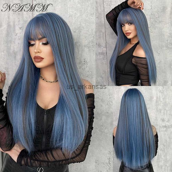 Perruques synthétiques NAMM Fashion Femmes Perruques synthétiques avec frange Sirène Couleur bleu longue perruque droite Cosplay Faux Hair Natural Time résistant aux perruques HKD230818