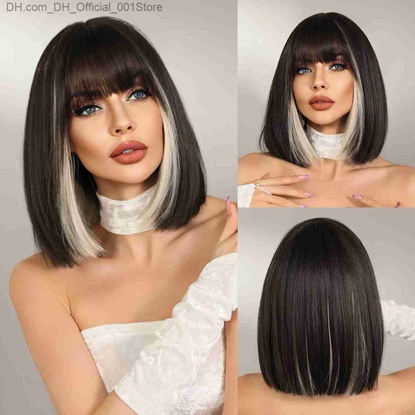 Perruques synthétiques Namm Highlight Straight Bob Wig Perruque de jeu de rôle quotidienne pour femme Perruque synthétique de cheveux noirs et blancs avec frange pour résistance à la chaleur Z230805