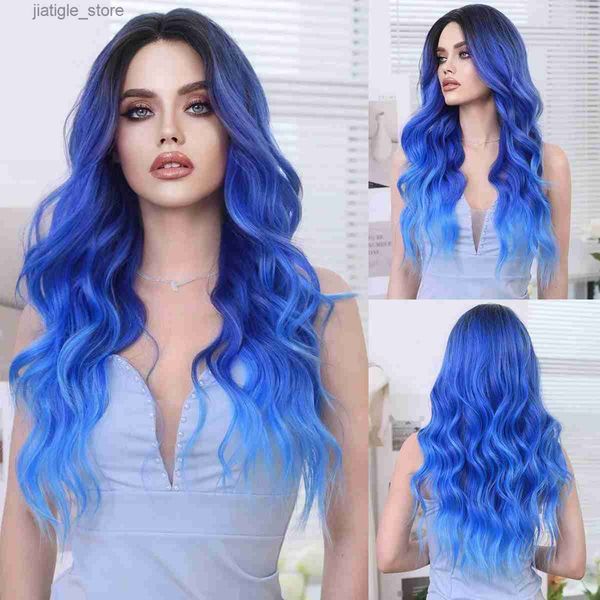 Perruques synthétiques NAMM LACE FRANT WIG Synthétique Bleu Synthétique Long Wavy Wig For Women Daily Party Natural Lace Lace Mid Split Wig Y240401