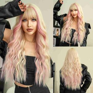 Pelucas sintéticas Namm Long Wavy Blonde Wig para mujeres Party Daily Party Tinking Pink Synthetic Hair Wigs with Bangs Wig Halloween Cosplay Y240401