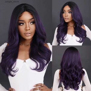 Synthetische pruiken NAMM Lange golvende Deep Purple Lace Front pruik voor vrouwen Dagelijkse cosplay Gebruik Nathural Synthetic Middle Part Type Pruiken Hoge kwaliteit Y240401