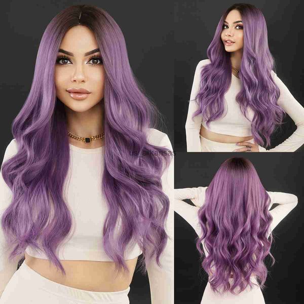 Perruques synthétiques NAMM perruque de cheveux longs ondulés violets pour femmes Cosplay Daily Party perruque synthétique avec frange perruque Lolita lavande naturelle résistant à la chaleur HKD230818