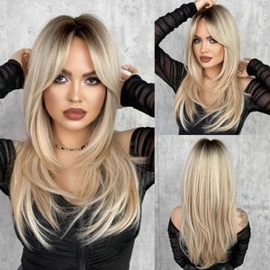 Synthetische pruiken NAMM Ombre Blonde pruik voor dames Lange rechte pruik met pony voor overdag Paty Synthetische gelaagde hai-pruik Hittebestendige vezel 240328 240327