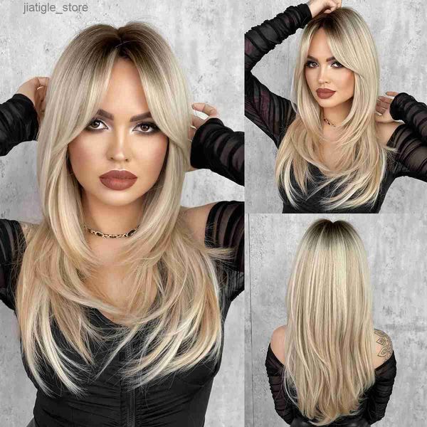 Pelucas sintéticas NAMM OMBRE Rubia Rubia para mujeres peluca larga y recta para flequillo para el día Paty Synthetic Syntetic Hai Wig Fibra resistente al calor Y240401