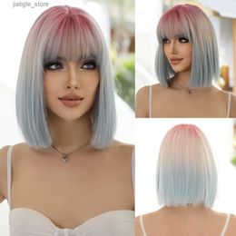 Synthetische pruiken NAMM Korte rechte roze gradiënt blauwe pruiken met pony Natural Synthetic Hair Wig for Women Daily Cosplay Lolita Party Wig Y240401