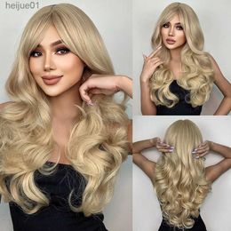 Perruques synthétiques naturel blond jaune longs ondulés perruques de cheveux synthétiques avec frange femmes vague de corps Afro femme perruques Cosplay quotidien HairL231024