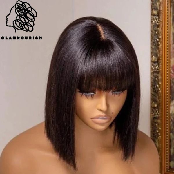 Perruques synthétiques Cuir chevelu naturel court Bob perruque avec frange cheveux humains dentelle haut droit Bob perruque brésilienne Remy cheveux 180% densité perruque pour les femmes noires 231012