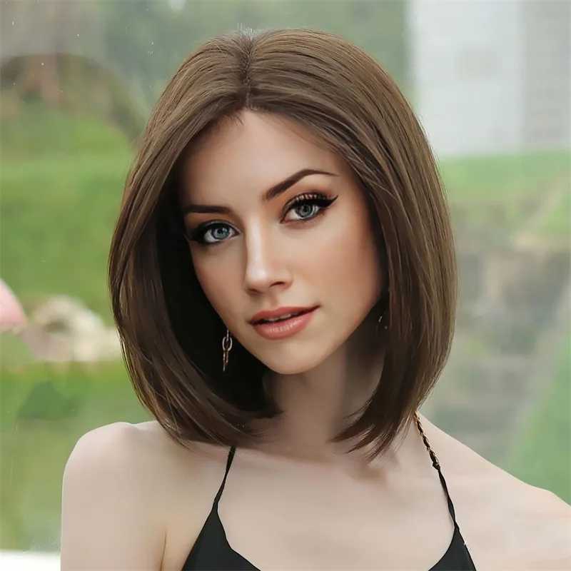 Synthetic Wigs New wig for women with short straight hair bobo matte synthetic high temperature silk wig full head cover 240329