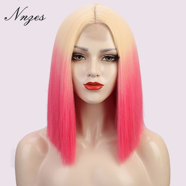 Perruques synthétiques NNZES Blonde pêche rose pour femme courte droite Bob partie centrale Orange noir rouge Cosplay 230314