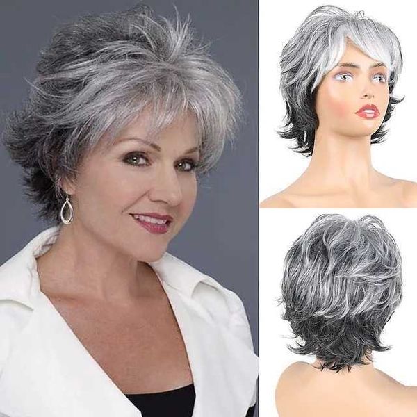Pelucas sintéticas Peluca de pelo de anciano Gradación Peluca blanca gris Tocados Tocados de fibra química de rollo corto para mujeres