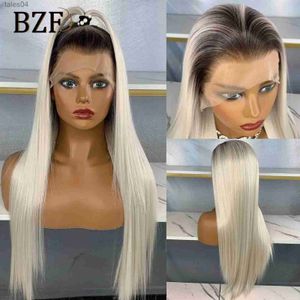 Pelucas sintéticas Ombre Ash Blonde Lace Front Pelucas Peluca sintética de color recto sedoso para mujeres Raíces oscuras # 60 Gris Blanco Cosplay Peluca sin cola YQ231110