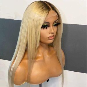 Perruques synthétiques Ombre Blonde 180% Densité 26 pouces longue perruque de dentelle droite pour les femmes noires avec BabyHair Natural Hairline Glueless 613