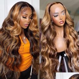 Pelucas sintéticas Ombre Blonde Body Wave Lace Front Wig 180Nsity HD Resalte Cabello humano Brasileño Sin cola 360 ​​FL Frontal para Drop Deliv Othwj