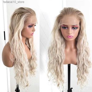 Perruques synthétiques Ombre Blonde Highlight Deep Wave Synthétique Cheveux Lace Front Perruques pour Femmes Blanches Sans Colle Haute Température Fiber Cosplay Perruques Q240115