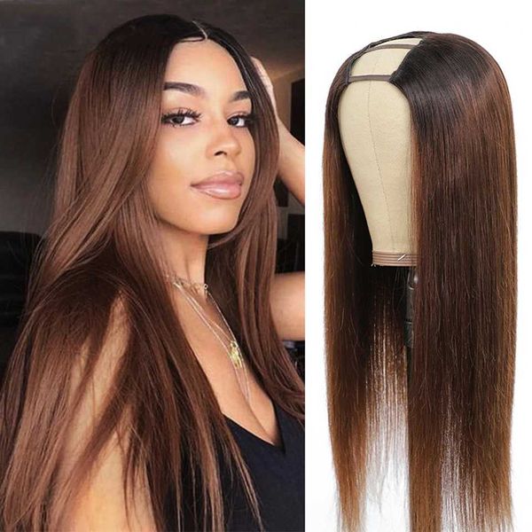 Perruques synthétiques Ombre Blonde cheveux humains U partie perruques 180% densité brésilienne Remy cheveux perruques droite brun moyen ouvert Upart perruques cheveux noirs perruques 240329