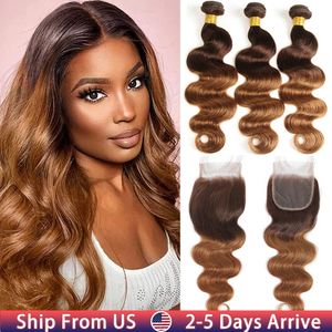 Perruques synthétiques Ombre Body Wave Bundles avec fermeture Bundles de tissage de cheveux humains brésiliens avec fermeture T4 / 30 faisceaux colorés avec fermeture à lacets 231211