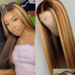 Perruques synthétiques Ombre High Gloss Perruque Brun Miel Blonde Couleur HD Global Lace Front Cheveux Humains Raides Fl 360 Drop Livraison Produits Dhqs8