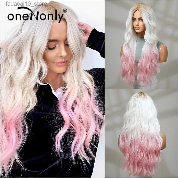 Pelucas sintéticas OneNonly Rosa Blanco Peluca larga Rubia Arco iris Pelucas onduladas Halloween Cosplay Pelucas para mujeres Herramientas de maquillaje Peluca sintética Cabello Q240115