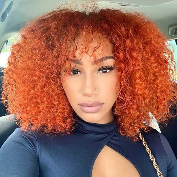 Pelucas sintéticas pelucas de cabello humano de bob rizado naranja con flequillo sin glúteos de color completo de color para mujeres Remy Wig 230227