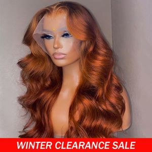 Perruques synthétiques Orange Ginger Body Wave Lace Front Transparent Pré-plumé avec des cheveux de bébé 13x4 Frontal Human En vente Dégagement 230314