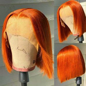 Perruques synthétiques Orange gingembre droite Bob perruque 13x4 Transparent dentelle avant cheveux humains s pour les femmes point culminant 230227
