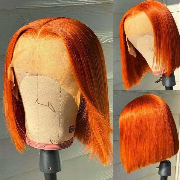 Pelucas sintéticas Naranja Jengibre Recto Bob Peluca 13x4 Frente de encaje transparente Cabello humano para mujeres Destacado 230227