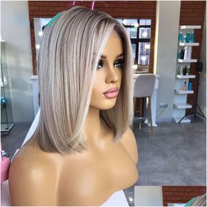 Perruques synthétiques Péruvienne Cheveux Humains Ombre Cendre Blonde Couleur Courte Bob 13x4 Lace Front Perruque Gluelesspixie Coupe Droite Frontale Pour Goutte Otoic