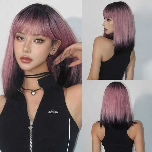 Pelucas sintéticas Pelucas sintéticas de color rosa y negro, peluca Bob corta recta con flequillo, pelo de Cosplay de colores para mujeres, uso diario en fiestas, resistente al calor 240329