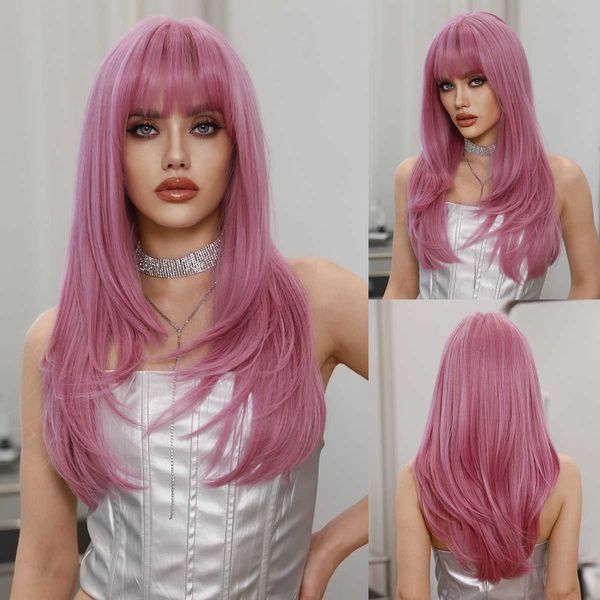 Pelucas sintéticas Peluca en capas rosa Peluca de moda para mujer Cabello largo y liso Vid delgada Conjunto de cabeza de fibra química rosa púrpura