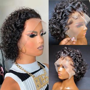 Perruques synthétiques Pixie Cut Wig Bob Bob Curly Human Hair Wigs 13x1 Lage transparent 99J Bourgogne Bourgogne Borgogne de dentelle de dentelle Perruque avant pour les femmes 231211