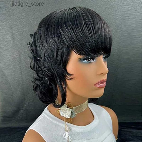 Perruques synthétiques Pixie Coup Wigs pour 8 pouces Pixie courte coupées perruques Culry Wigs Wigs 80S 90S Mullet Wig Natural Noire Couleur sans glue sans perruque Y240401