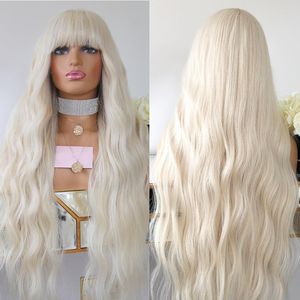 Perruques synthétiques Platinum Blonde Bangs Wig Snow White HD 13x6 Lace Front Virgin Hair Full Human 200% Légèrement ondulé avec Bang 230821