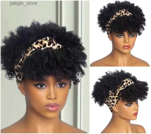 Pelucas sintéticas Impresión para mujer Estilo africano Diadema de peluca - cabello rizado corto peluca negra corta peluca sintética sintética con bufanda bufanda Wig Wit y240401