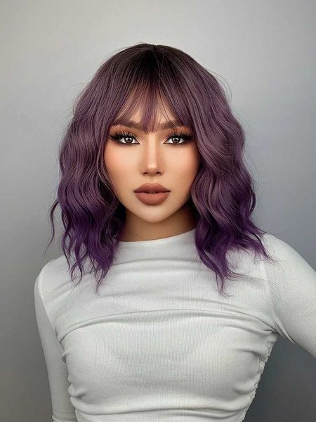 Perruques synthétiques Violet Ombre court Bob vague de corps perruques synthétiques pour les femmes Cosplay perruque avec frange blanc synthétique cheveux naturels Lolita Pelucas N 240328 240327