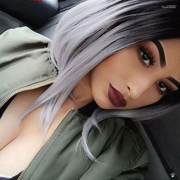 Pelucas sintéticas QUINLUX gris Ombre Bob peluca con malla frontal para mujeres negras raíces oscuras fibra de calor de alta temperatura Cosplay